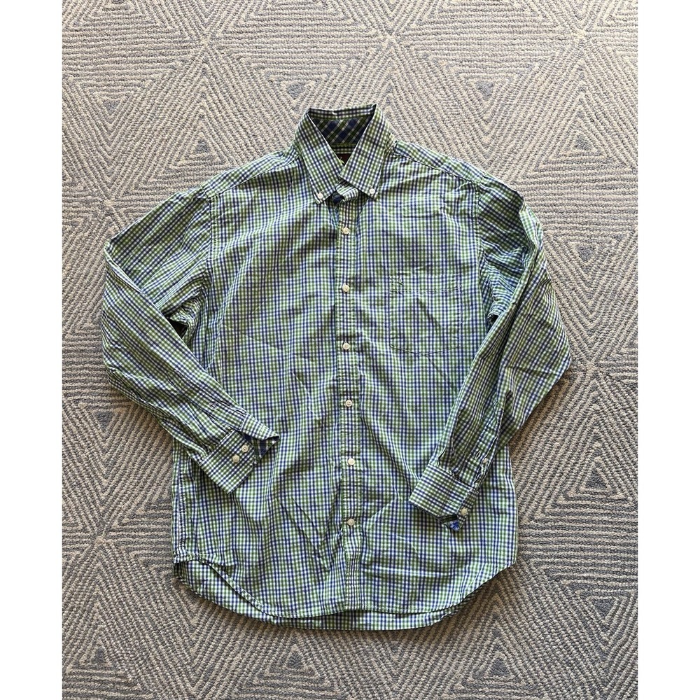 Tailorbyrd Long Sleeve Button Shirt - White/Green/Blue Check -‎ Large
